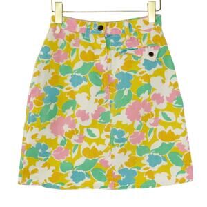 90s Vintage Union Bay Pasetel Floral Denim Mini Skirt High Rise Skirt 26"